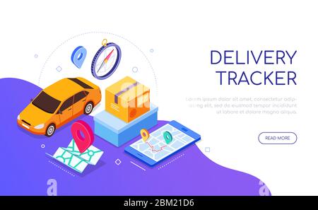 Delivery tracker service - modern colorful isometric web banner Stock Vector