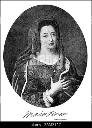 Françoise d'Aubigné, married Madame Scarron, from 1688 Marquise de Maintenon, called Madame de Maintenon, 27 November 1635 - 15 April 1719 applies, the last mistress of Louis XIV of France, and was probably from 1683, in an always. secret morganatic marriage his second wife  /  Françoise d’Aubigné, verheiratete Madame Scarron, ab 1688 Marquise de Maintenon, genannt Madame de Maintenon, 27. November 1635 - 15. April 1719, gilt als letzte Mätresse Ludwigs XIV. von Frankreich, und war, wohl ab 1683, in einer stets geheim gehaltenen morganatischen Ehe seine zweite Gemahlin, Historisch, historical, Stock Photo