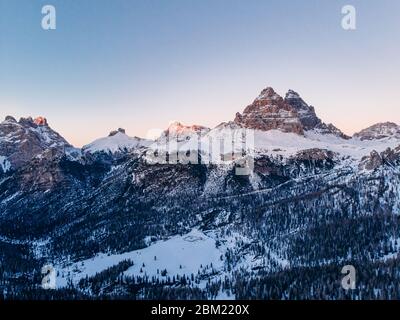 Misurina lake sunset Three Peaks of Lavaredo, Italy. Aerial top view Stock Photo