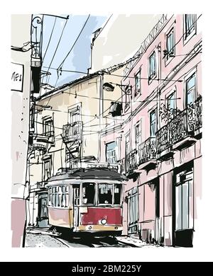 Street view with famous old tram in Lisbon city, Portugal - vector illustration (Ideal for printing on fabric or paper, poster or wallpaper, house dec Stock Vector