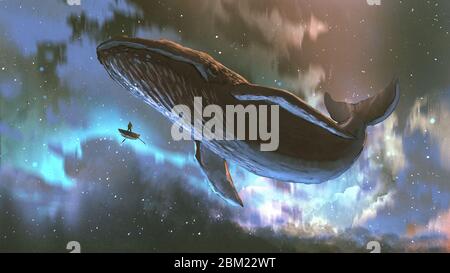 outer space journey concept showing a man looking at the giant whale  flying in the beautiful sky, digital art style, illustration painting Stock Photo