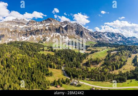 Aerail view of the Säntis (or Santis) mountain range landscape in Canton Appenzell in Switzerland on a sunny spring day Stock Photo