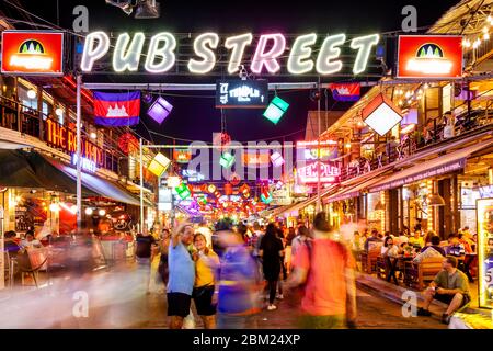 Pub Street At Night, Siem Reap, Cambodia. Stock Photo