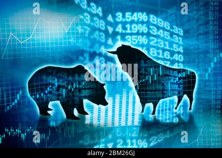 Silhouette of bull and bear and symbols of digital trade on the markets Stock Photo