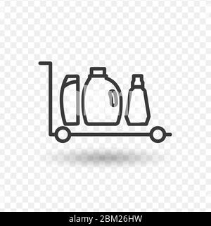 Concept of shopping: trolley with detergent,washing powder,sponge and other goods for cleaning on lbackground. Vector flat illustration Stock Vector