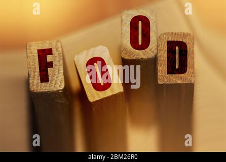 Food the words on wooden blocks. Healthy or unhealthy food nutrition concept Stock Photo