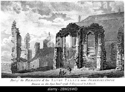 An engraving of Part of the Remains of the Savoy Palace near Somerset House in 1798 scanned at high resolution from a book printed in 1827. Stock Photo