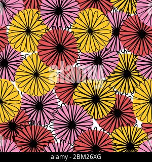 Repeating abstract flower vector pattern. Bold florals red yellow pink with black lines repeating background. Botanical minimalistic doodle flowers Stock Vector