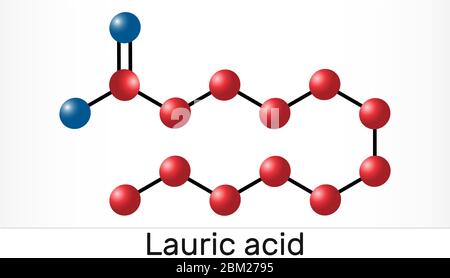 Lauric acid, dodecanoic acid, C12H24O2 molecule. It is a saturated ...