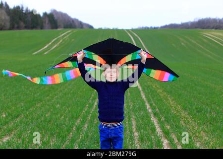 Boy launches a kite in a field in spring Stock Photo