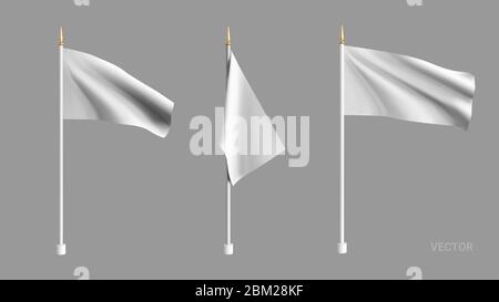 Realistic white flag waving in the wind. Set 3D advertising textile vector flags. Template for products, advertizing, web banners, leaflets Stock Vector