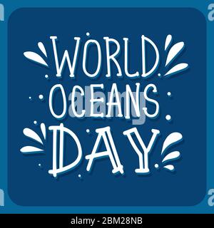 World Oceans day text hand drawn lettering isolated. Design template. Vector outline illustration. Stock Vector