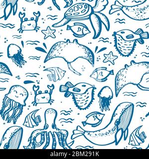 Blue seamless pattern with ocean animals. World Oceans day text hand drawn lettering isolated. Ocean day celebration. Vector outline illustration. Stock Vector