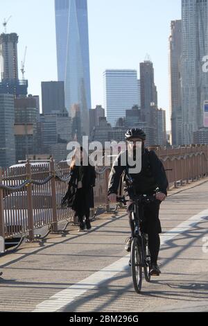 People on Brooklyn Bridge, New York, USA Stock Photo