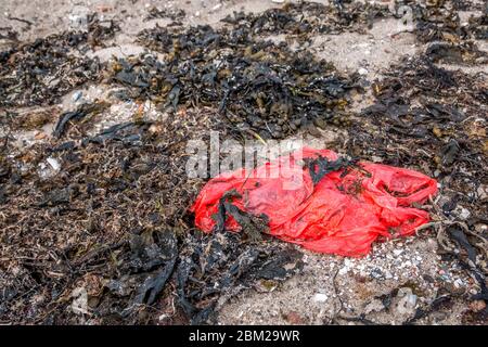 Used red plastic bag on sandy beach background. Stock Photo