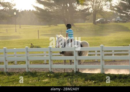 Young person riding a horse on farm in Virginia, USA Stock Photo