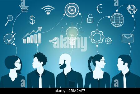Sharing ideas and technology for the future. Communication and network between people. Connection and exchange of ideas or data. Mind map. Cooperation Stock Vector