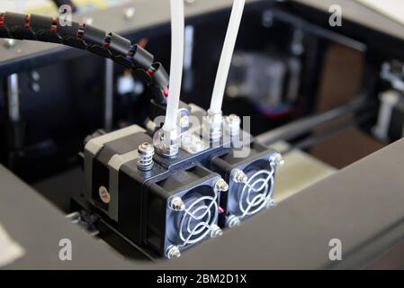 Photo of 3d printer, 3d print, theme of electronic innovation, close-up Stock Photo