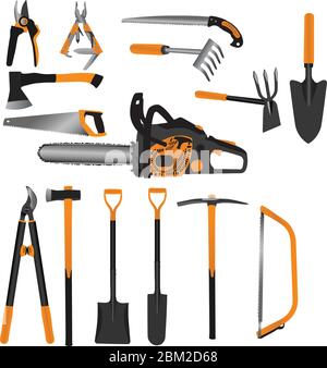 Gardening handle tools set including chainsaw, handsaws, scissors, ax hatchet, spade, rake, pickax and multifunction tools collection Stock Vector