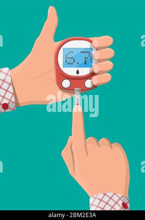 Testing blood glucose concept. Glucometer, test strips in hand. Test equipment and medicine. Healthcare, hospital and medical diagnostics. Urgency services. Flat vector illustration Stock Vector