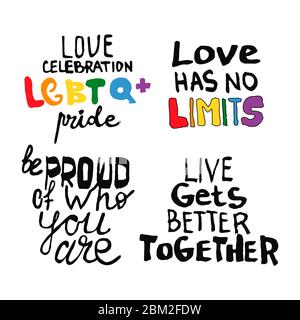 Set phrases. Lettering outline text in doodle style - Life,Gets,Better,Together.Copy space. LGBT rights symbol. Isolated. Vector illustration. Stock Vector