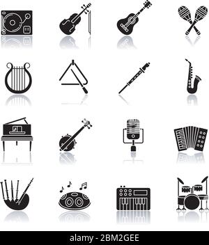 Orchestral instrument drop shadow black glyph icons set Stock Vector