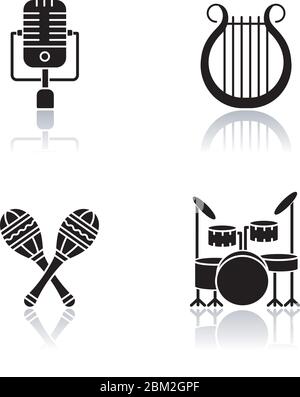 Band musical instruments drop shadow black glyph icons set Stock Vector