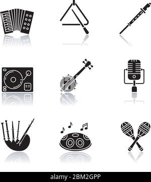 Band musical instruments drop shadow black glyph icons set Stock Vector