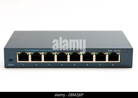 Ethernet Gigabit desktop switch with 8 ports from the front Stock Photo