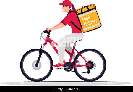 Female bike courier with food delivery semi flat RGB color vector illustration Stock Vector