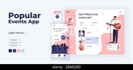 Popular events app screen vector adaptive design template. Pastime planner application day mode interface with flat characters. Show tickets booking Stock Vector