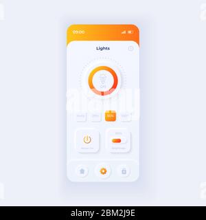 IOT application smartphone interface vector template. Mobile app page light design layout. Lights settings screen. Flat UI for application. Brightness Stock Vector