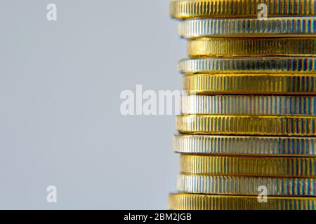 Close-up stack golden and silver cryptocurrencies coins. New virtual money coins. Crypto, financial, business growth concept. Space for text. Stock Photo