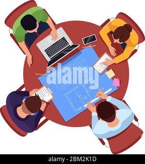 Architect team plan semi flat RGB color vector illustration Stock Vector