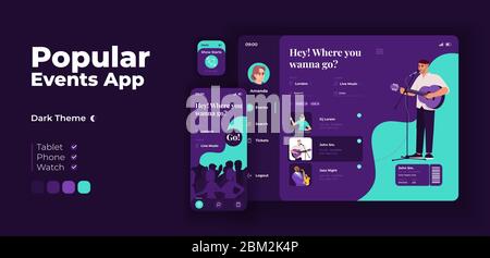 Popular events app screen vector adaptive design template. Clubbing application night mode interface with flat characters. Concert tickets booking Stock Vector