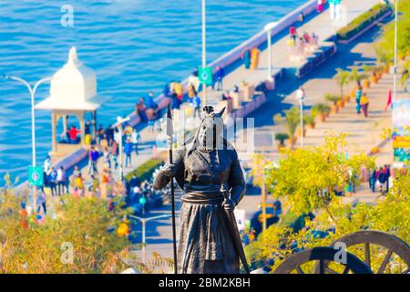 Historic site that is dedicated to Maharana Pratap Singh. 5 km from City Palace, Memorial is on the banks of Fateh Sagar Lake, Udaipur, Rajasthan. Stock Photo