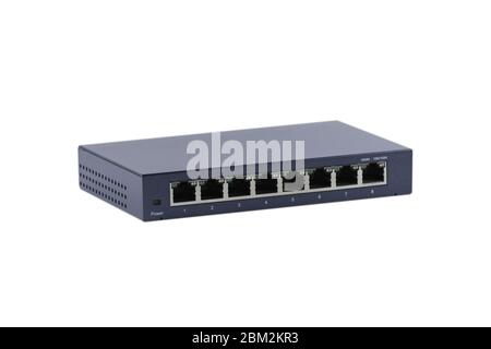 Ethernet Gigabit desktop switch with 8 ports from the left Stock Photo