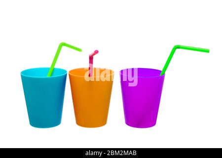 Plastic Cups and Straws on White Background Stock Photo