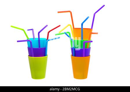 Plastic Cups and Straws on White Background Stock Photo