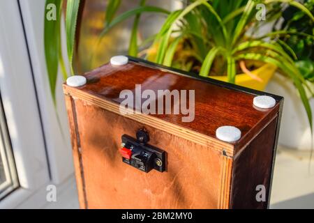 The back of the speakers. Terminals for attaching speaker wires to the speaker. Column speaker 15AS-208. Vintage Soviet bookshelf acoustics. Stock Photo