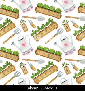 Watercolor seamless pattern with gardening elements on the light background. Bright cartoon illustration of tools, watering can, and seedlings. Stock Photo