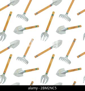 Gardening Tools Watercolor Seamless Pattern. Showel, Hoe, Rake Illustations  on White Background. Stock Image - Image of agriculture, tool: 249788967