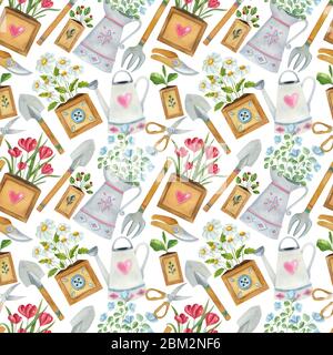 Watercolor seamless pattern with gardening elements on the light background. Bright cartoon illustration of tools, flower compositions, watering can. Stock Photo