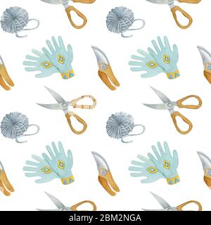 Watercolor seamless pattern with gardening tools on the light background. Bright cartoon illustration of gloves, scissors, secateurs. Stock Photo