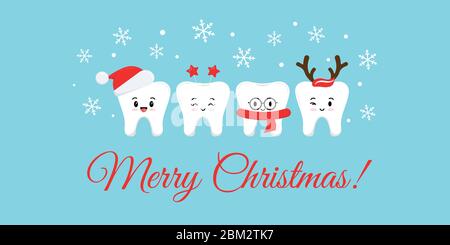 Cute smile teeth with xmas accessories on Merry Christmas dentist greeting card. Stock Vector