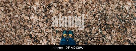Womans feet in boots standing on brown falling leaves. Climat change concept. Minimalist stock photo. Stock Photo
