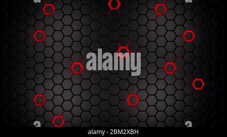 dark hexagons with glowing red holes background, 3d render illustration Stock Photo