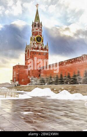 Beautiful view on Red square colorful painting looks like picture, Spasskaya tower, Kremlin, Moscow, Russia Stock Photo