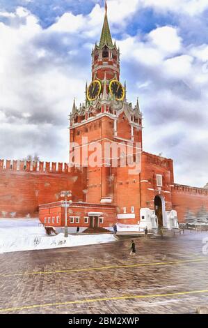 Beautiful view on Red square colorful painting looks like picture, Spasskaya tower, Kremlin, Moscow, Russia Stock Photo