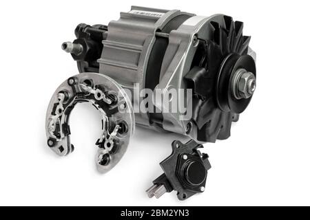 car generator and its parts and shadow from them on a white background Stock Photo
